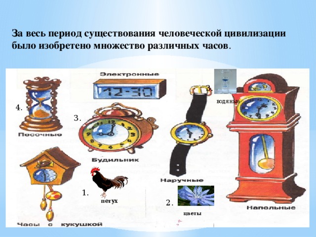За весь период существования человеческой цивилизации было изобретено множество различных часов .   3. водяные 4. 3. 1. петух 2. цветы  