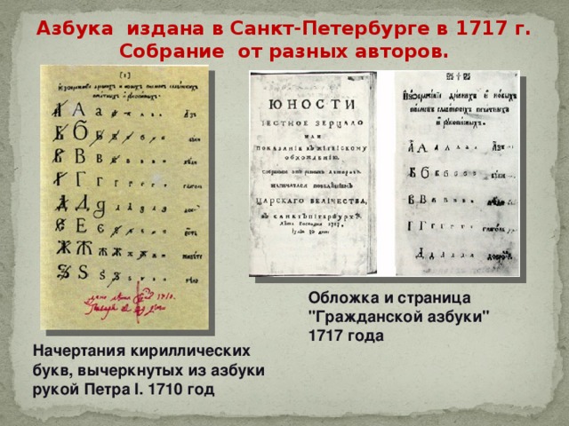  Азбука издана в Санкт-Петербурге в 1717 г. Собрание от разных авторов. Обложка и страница 
