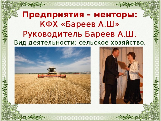 Предприятия – менторы: КФХ «Бареев А.Ш» Руководитель Бареев А.Ш. Вид деятельности: сельское хозяйство. 