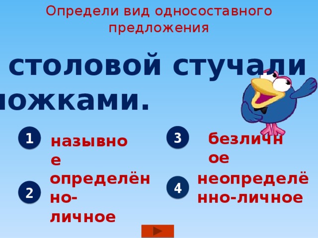 Определи вид односоставного предложения В столовой стучали  ложками. 3 безличное 1 назывное определённо- неопределённо-личное личное 4 2 