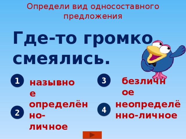 Определи вид односоставного предложения Где-то громко смеялись. 3 безличное 1 назывное определённо- неопределённо-личное личное 4 2 