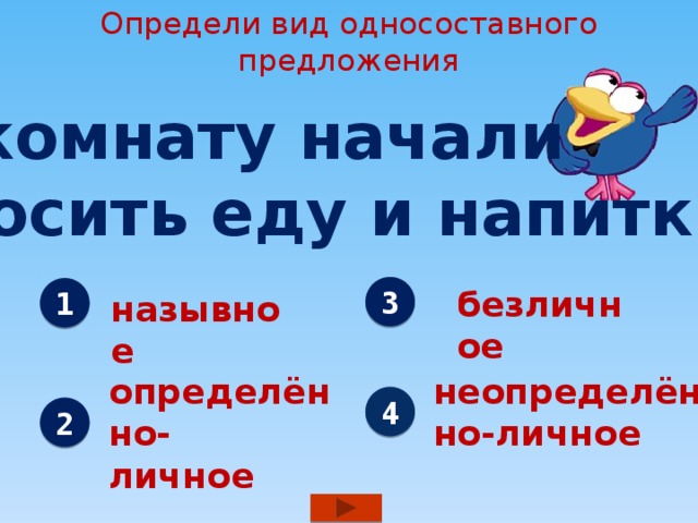 Определи вид односоставного предложения В комнату начали вносить еду и напитки. 3 безличное 1 назывное определённо- неопределённо-личное личное 4 2 