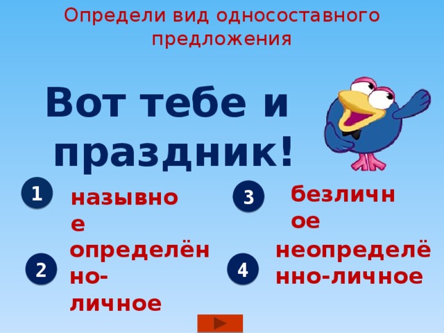 Определи вид односоставного предложения Вот тебе и праздник! безличное 1 назывное 3 определённо- неопределённо-личное личное 2 4 