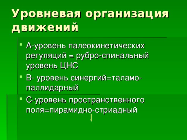 А-уровень палеокинетических регуляций = рубро-спинальный уровень ЦНС В- уровень синергий=таламо-паллидарный С-уровень пространственного поля=пирамидно-стриадный 