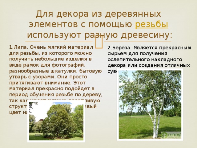 Для декора из деревянных элементов с помощью  резьбы  используют разную древесину: 1.Липа. Очень мягкий материал для резьбы, из которого можно получить небольшие изделия в виде рамок для фотографий, разнообразные шкатулки, бытовую утварь с узорами. Они просто притягивают внимание. Этот материал прекрасно подойдет в период обучения резьбе по дереву, так как имеет мягкую податливую структуру древесины и красивый цвет на срезе. 2.Береза. Является прекрасным сырьем для получения ослепительного накладного декора или создания отличных сувениров. 
