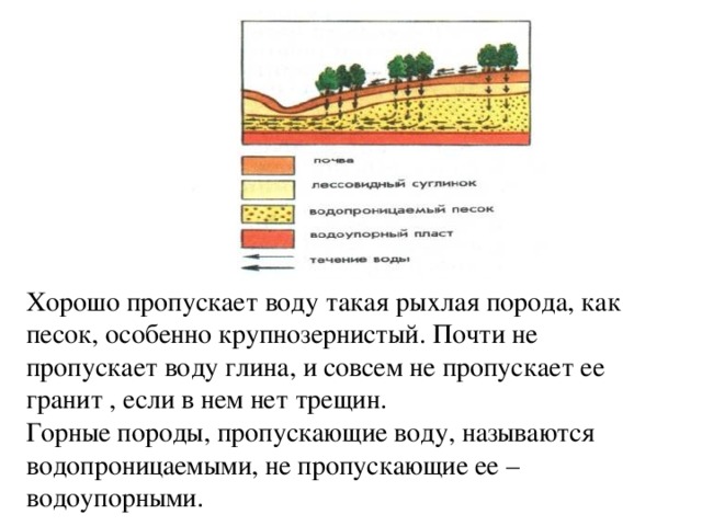 Хорошо пропускает воду такая рыхлая порода, как песок, особенно крупнозернистый. Почти не пропускает воду глина, и совсем не пропускает ее гранит , если в нем нет трещин. Горные породы, пропускающие воду, называются водопроницаемыми, не пропускающие ее – водоупорными. 