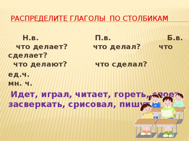  Распределите глаголы по столбикам  Н.в. П.в. Б.в.  что делает? что делал? что сделает?  что делают? что сделал? ед.ч.  мн. ч.  Идет, играл, читает, гореть, споет, засверкать, срисовал, пишут. 