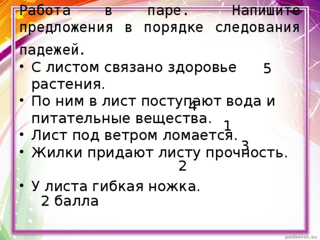 Работа в паре.  Напишите предложения в порядке следования падежей . С листом связано здоровье растения. По ним в лист поступают вода и питательные вещества. Лист под ветром ломается. Жилки придают листу прочность. У листа гибкая ножка. 5 4 1 3 2 2 балла 