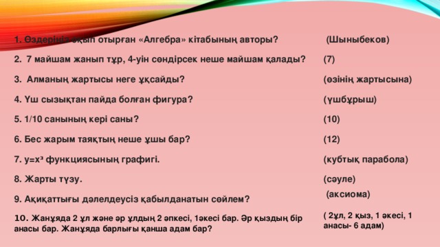 1. Өздеріңіз оқып отырған «Алгебра» кітабының авторы? 2. 7 майшам жанып тұр, 4-уін сөндірсек неше майшам қалады? 3. Алманың жартысы неге ұқсайды? 4. Үш сызықтан пайда болған фигура? 5. 1/10 санының кері саны? 6. Бес жарым таяқтың неше ұшы бар? 7. у=х 3 функциясының графигі. 8. Жарты түзу. 9. Ақиқаттығы дәлелдеусіз қабылданатын сөйлем?  (Шыныбеков) (7) (өзінің жартысына) (үшбұрыш) (10) (12) (кубтық парабола) (сәуле)  (аксиома)  10.  Жанұяда 2 ұл және әр ұлдың 2 әпкесі, 1әкесі бар. Әр қыздың бір анасы бар. Жанұяда барлығы қанша адам бар? ( 2ұл, 2 қыз, 1 әкесі, 1 анасы- 6 адам)   