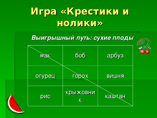 Игра «Крестики и нолики» Выигрышный путь: сухие плоды  мак боб огурец арбуз горох рис крыжовник вишня каштан 