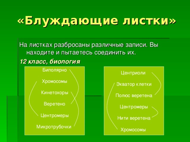 «Блуждающие листки» На листках разбросаны различные записи. Вы находите и пытаетесь соединить их. 12 класс, биология Биполярно Хромосомы Кинетохоры Веретено Центромеры Микротрубочки Центриоли Экватор клетки Полюс веретена Центромеры Нити веретена Хромосомы 