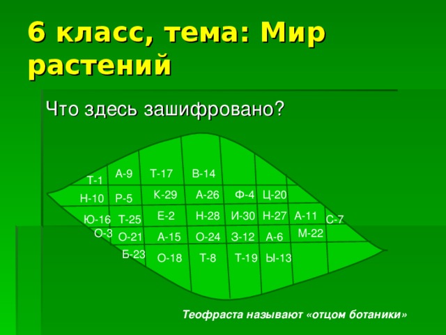 6 класс, тема: Мир растений А-9 Т-17 В-14 Т-1 Ц-20 Ф-4 А-26 К-29 Р-5 Н-10 Н-27 А-11 Н-28 Е-2 И-30 Т-25 Ю-16 С-7 М-22 О-3 З-12 О-24 О-21 А-15 А-6 Б-23 Ы-13 Т-19 Т-8 О-18 Теофраста называют «отцом ботаники» 