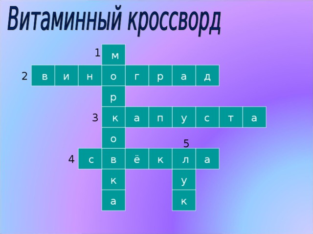 1  м р  в и н о а г д 2 р а у п а  к с т 3 о 5  л к  с ё а в “ Витаминный кроссворд”.  (Слайд №18) 1. Красна девица сидит в темнице, а коса на улице.   (Морковка) 2. Грозди спелые висят, срочно просят их сорвать.   (Виноград) 3. Уродилась я на славу, голова бела, кудрява,  Кто любит щи – меня в них ищи.   (Капуста) 4. Знают все ее вокруг, в винегрет ее кладут.   (Свекла) 5. Сидит дед, в сто шуб одет,  Кто ее раздевает, тот слезы проливает.  (Лук)  4 у к к а  