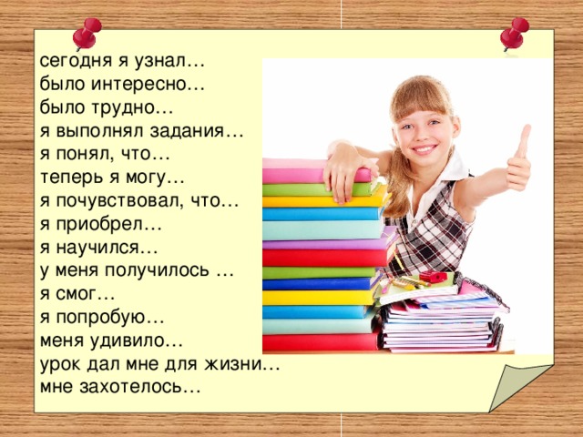 сегодня я узнал… было интересно… было трудно… я выполнял задания… я понял, что… теперь я могу… я почувствовал, что… я приобрел… я научился… у меня получилось … я смог… я попробую… меня удивило… урок дал мне для жизни… мне захотелось… 