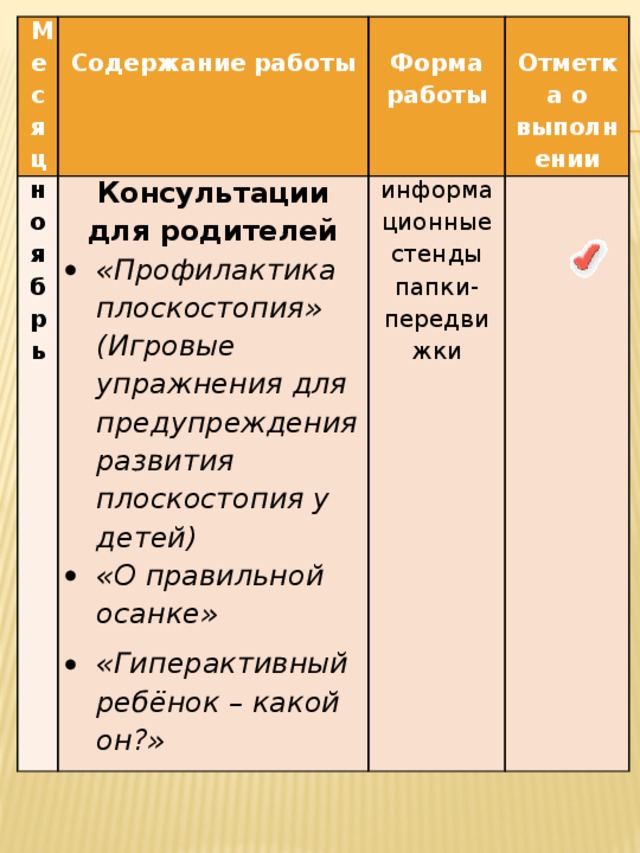 Месяц   ноябрь Содержание работы Консультации для родителей   «Профилактика плоскостопия» (Игровые упражнения для предупреждения развития плоскостопия у детей) «О правильной осанке» «Гиперактивный ребёнок – какой он?»   Форма работы информационные стенды   папки-передвижки Отметка о выполнении    