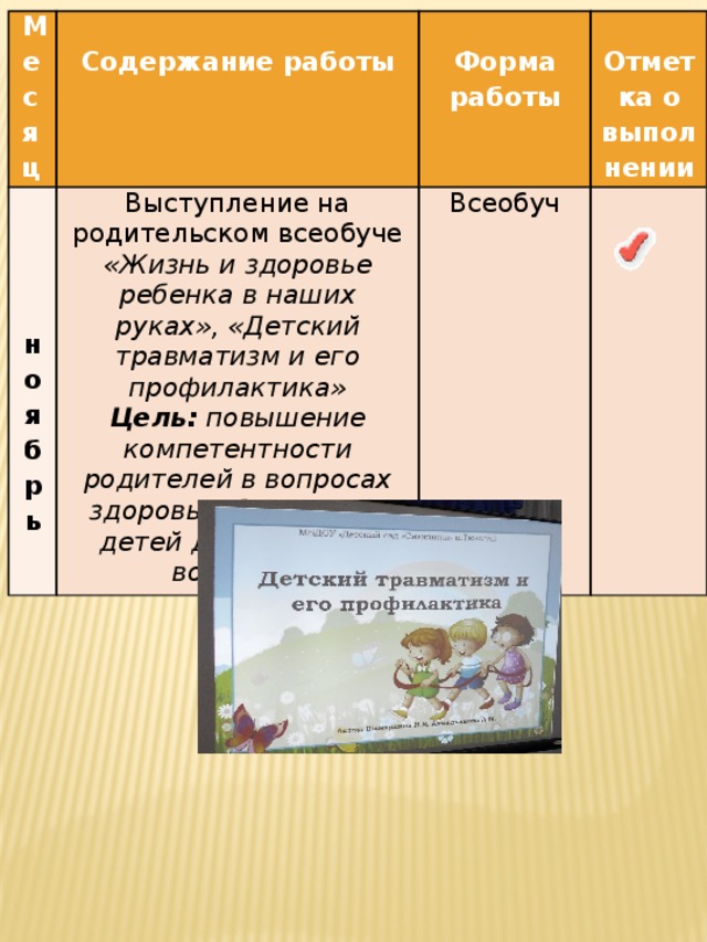 Месяц  ноябрь   Выступление на родительском всеобуче «Жизнь и здоровье ребенка в наших руках», «Детский травматизм и его профилактика»   Содержание работы Всеобуч   Форма работы Цель:  повышение компетентности родителей в вопросах здоровьесбережения детей дошкольного возраста.   Отметка о выполнении    