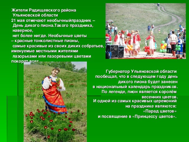 Жители Радищевского района  Ульяновской области 21 мая отмечают необычныйпраздник –  День дикого пиона.Такого праздника,  наверное,  нет более нигде. Необычные цветы – красные тонколистные пионы,  самые красивые из своих диких собратьев, именуемые местными жителями  лазорьками или лазоревыми цветами покорят всех.  Губернатор Ульяновской области пообещал, что в следующем году день  дикого пиона будет занесен  в национальный календарь праздников.  По легенде, пион является королём весенних цветов.  И одной из самых красивых церемоний на празднике являются: «Парад цветов» и посвящение в «Принцессу цветов».  