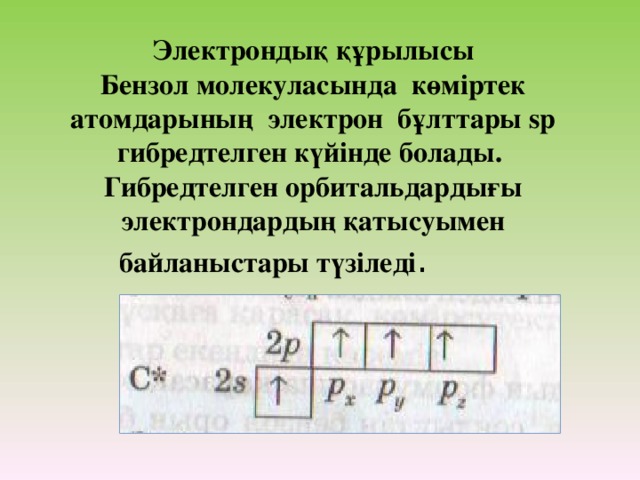 Электрондық құрылысы  Бензол молекуласында көміртек атомдарының электрон бұлттары sp гибредтелген күйінде болады. Гибредтелген орбитальдардығы электрондардың қатысуымен байланыстары түзіледі . 
