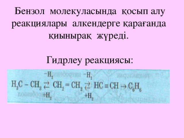 Бензол молекуласында қосып алу реакциялары алкендерге қарағанда қиынырақ жүреді.   Гидрлеу реакциясы: 