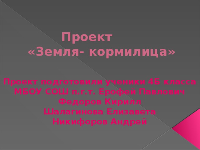 Проект  «Земля- кормилица» Проект подготовили ученики 4Б класса МБОУ СОШ п.г.т. Ерофей Павлович Федоров Кирилл Шалагинова Елизавета Никифоров Андрей 
