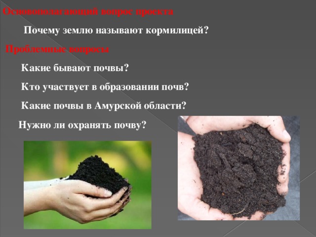 Основополагающий вопрос проекта  Почему землю называют кормилицей?   Проблемные вопросы  Какие бывают почвы?  Кто участвует в образовании почв?  Какие почвы в Амурской области?  Нужно ли охранять почву? 