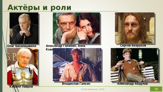 Актёры и роли Сергей Безруков  Александр Галибин, Анна Ковальчук  Олег Басилашвили  Как нам кажется, эта экранизация В. Бортко, не столь удачна, как «Собачье сердце». Первое, с чем спорит читательское восприятие – это несоответствие ролей и актеров. В первую очередь, это коснулось исполнителя роли Воланда, Олега Басилашвили, возраст и внешний вид которого отличен от обличия книжного мессира. Также негодование зрителя по данному поводу было направлено и на Сергея Безрукова, сыгравшего Иешуа Га-Ноцри. Но, в конечном итоге, именно благодаря великолепной игре актеров, в том числе и вышеназванных, получились яркие правдоподобные, и что самое важное, запоминающиеся образы. Владислав Галкин  Александр Абдулов  Кирилл Лавров   г.Благовещенск, 2016  