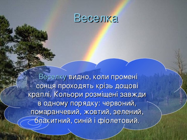 Веселка Веселку видно, коли промені сонця проходять крізь дощові краплі. Кольори розміщені завжди в одному порядку: червоний, помаранчевий, жовтий, зелений, блакитний, синій і фіолетовий.  