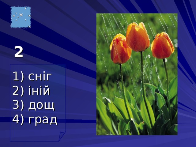2 1) сніг 2) іній 3) дощ 4) град  