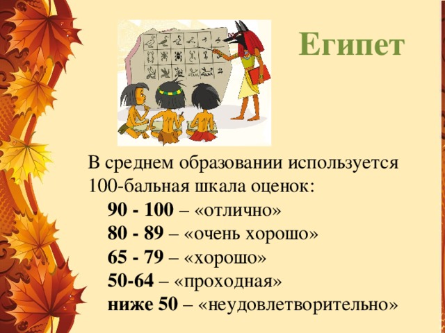 Египет В среднем образовании используется 100-бальная шкала оценок:  90 - 100 – «отлично»   80 - 89 – «очень хорошо»   65 - 79 – «хорошо»   50-64 – «проходная»   ниже 50 – «неудовлетворительно» 