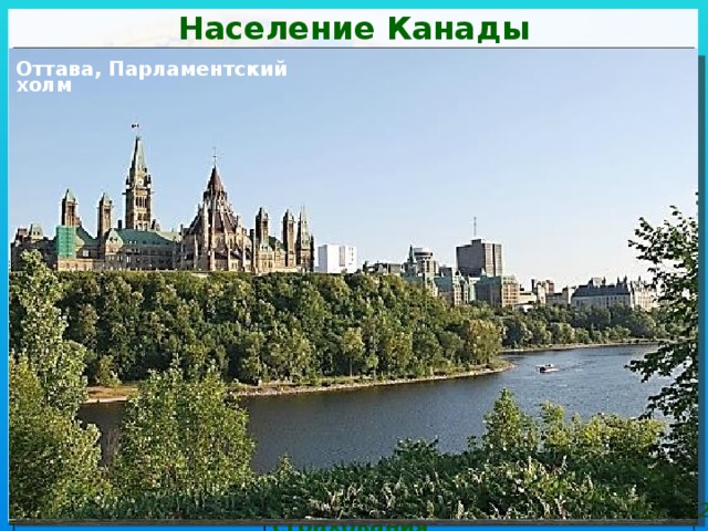 Население Канады Численность 35,5 млн. человек Коренные жители Эскимосы и индейцы (4%) Канада - «поселение» Переселенцы Англии и Франции Национальный состав: многонациональная Англичане, французы, немцы, шведы, норвежцы, итальянцы, русские, арабы, китайцы, индусы Размещение Неравномерно, ср. плотность 3 чел/км² Тип воспроизводства Современный Естественный прирост 4‰ (рождаемость - 11‰ , смертность – 7‰) Продолжительность жизни 81 год, «старение нации» Религия Высокоразвитая система социального и медицинского страхования Христиане (46% католики, 41% протестанты, 2% православные), мусульмане, буддисты, иудеи Уровень урбанизации 81% Сельское население Фермерские поселения (разбросанность) Крупные города Торонто, Монреаль, Ванкувер Оттава, Парламентский холм Стр. 218, рис 22 