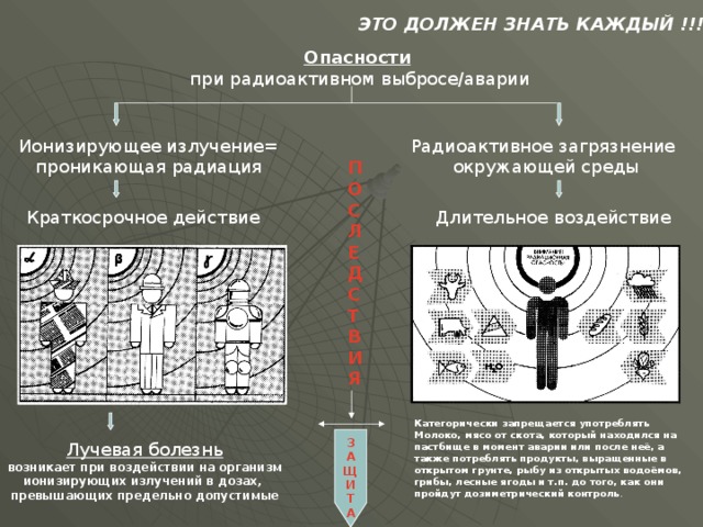 З А Щ И Т А  ЭТО ДОЛЖЕН ЗНАТЬ КАЖДЫЙ !!! Опасности  при радиоактивном выбросе/аварии Радиоактивное загрязнение окружающей среды Ионизирующее излучение= проникающая радиация П О С Л Е Д С Т В И Я  Краткосрочное действие Длительное воздействие Категорически запрещается употреблять Молоко, мясо от скота, который находился на пастбище в момент аварии или после неё, а также потреблять продукты, выращенные в открытом грунте, рыбу из открытых водоёмов, грибы, лесные ягоды и т.п. до того, как они пройдут дозиметрический контроль . Лучевая болезнь возникает при воздействии на организм ионизирующих излучений в дозах, превышающих предельно допустимые 