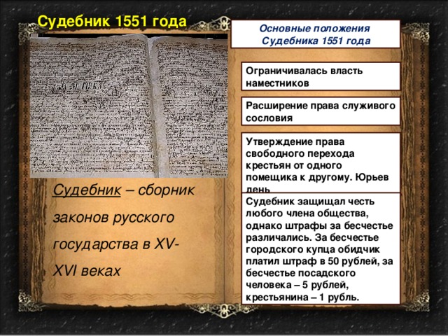 Судебник 1551 года Основные положения Судебника 1551 года Ограничивалась власть наместников Расширение права служивого сословия Утверждение права свободного перехода крестьян от одного помещика к другому. Юрьев день Судебник – сборник законов русского государства в XV- XVI веках Судебник защищал честь любого члена общества, однако штрафы за бесчестье различались. За бесчестье городского купца обидчик платил штраф в 50 рублей, за бесчестье посадского человека – 5 рублей, крестьянина – 1 рубль. 