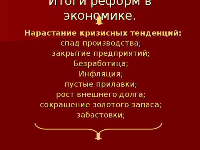  Нарастание кризисных тенденций: спад производства; закрытие предприятий; Безработица; Инфляция; пустые прилавки; рост внешнего долга; сокращение золотого запаса; забастовки; 