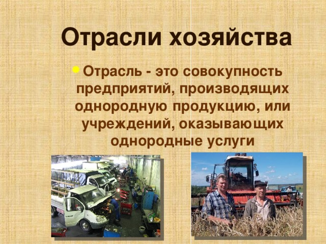 Отрасли хозяйства Отрасль - это совокупность предприятий, производящих однородную продукцию, или учреждений, оказывающих однородные услуги 