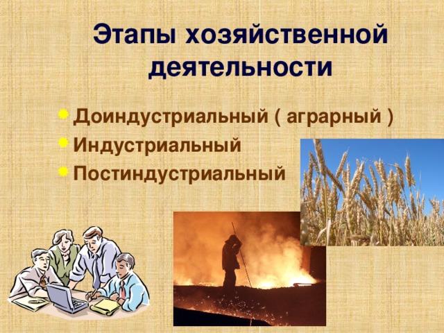 Этапы хозяйственной деятельности Доиндустриальный ( аграрный ) Индустриальный Постиндустриальный 