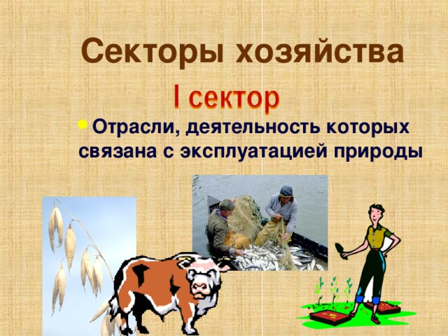 Секторы хозяйства Отрасли, деятельность которых связана с эксплуатацией природы 