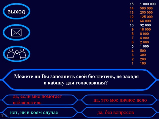 Можете ли Вы заполнить свой бюллетень, не заходя в кабину для голосования? да, если мне помогает наблюдатель да, это мое личное дело нет, ни в коем случае   да, без вопросов 
