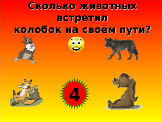 Сколько животных встретил  колобок на своём пути? 4 