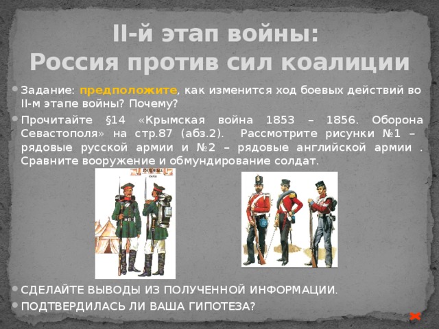II-й этап войны:  Россия против сил коалиции Задание: предположите , как изменится ход боевых действий во II-м этапе войны? Почему? Прочитайте §14 «Крымская война 1853 – 1856. Оборона Севастополя» на стр.87 (абз.2). Рассмотрите рисунки №1 – рядовые русской армии и №2 – рядовые английской армии . Сравните вооружение и обмундирование солдат. СДЕЛАЙТЕ ВЫВОДЫ ИЗ ПОЛУЧЕННОЙ ИНФОРМАЦИИ. ПОДТВЕРДИЛАСЬ ЛИ ВАША ГИПОТЕЗА? № 1 № 2 