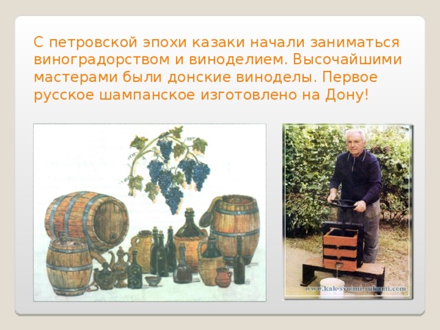 С петровской эпохи казаки начали заниматься виноградорством и виноделием. Высочайшими мастерами были  донские виноделы. Первое русское шампанское изготовлено на Дону! 