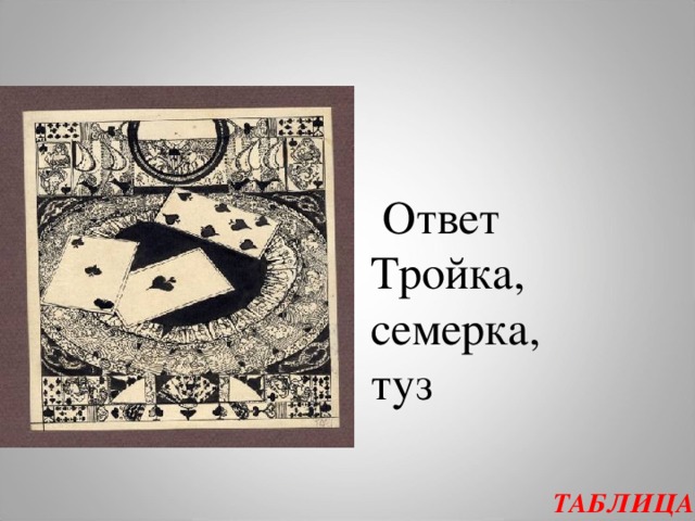  Ответ  Тройка, семерка,  туз ТАБЛИЦА  
