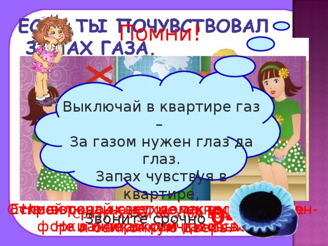Помни! Выключай в квартире газ – За газом нужен глаз да глаз. Запах чувствуя в квартире,  Звоните срочно  04 . Если взрослых нет дома, выключи кон- форки и перекрой газовый кран. Не включай свет и электроприборы. Не зажигай спички и свечи. Открой окно на кухне, окно в комнате и балконную дверь. Сразу скажи об этом взрослым. 