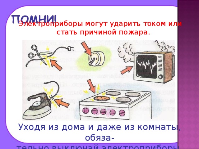 Электроприборы могут ударить током или стать причиной пожара. Уходя из дома и даже из комнаты, обяза- тельно выключай электроприборы. 