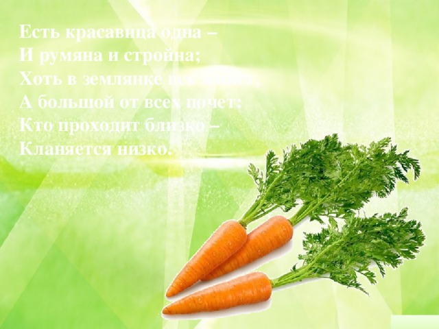 Есть красавица одна – И румяна и стройна; Хоть в землянке век живет, А большой от всех почет: Кто проходит близко – Кланяется низко.