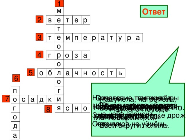 1 м Ответ е т е р в 2 т е п р т м а е р у т а 3 о р о г з а 4 о л н о с о б а ь т ч 5 6 о п г Неизвестно, где живёт. Налетит – деревья гнёт. Засвистит – по речке дрожь. Озорник, а не уймёшь. Сочетание температуры воздуха, облачности, осадков, ветра называют … 7 и о с а д к Нашумела, нагремела, Всё промыла и ушла. И сады и огороды Всей округи полила. От количества облаков на небе зависит … Её узнать поможет нам термометр. Снег, дождь, град – это …. Небо чистое, солнечно. Мы говорим: …. я о н с Наука о погоде г 8 о д а 
