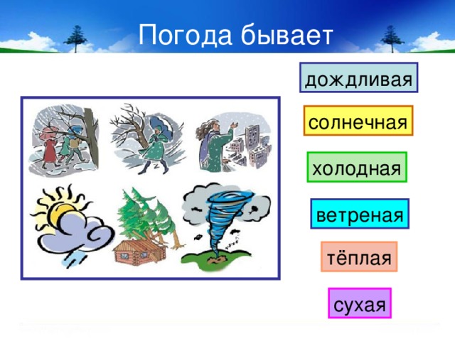 Погода бывает дождливая солнечная холодная ветреная тёплая сухая 