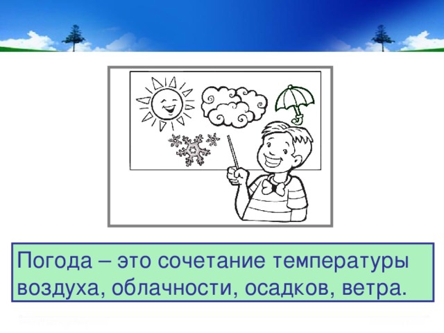 Погода – это сочетание температуры воздуха, облачности, осадков, ветра. 