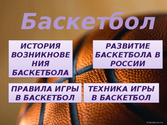 Баскетбол История возникновения баскетбола Развитие баскетбола в России Правила игры в баскетбол Техника игры в баскетбол 