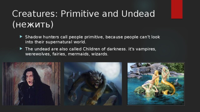 Creatures: Primitive and Undead (нежить) Shadow hunters call people primitive, because people can't look into their supernatural world. The undead are also called Children of darkness. it's vampires, werewolves, fairies, mermaids, wizards. 