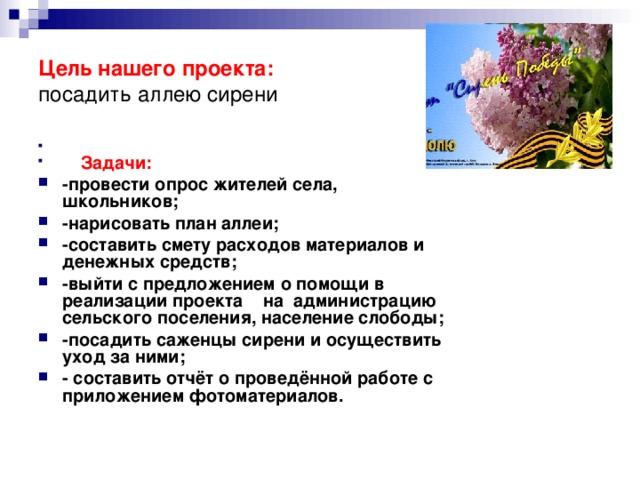 Цель нашего проекта: посадить аллею сирени   Задачи: -провести опрос жителей села, школьников; -нарисовать план аллеи; -составить смету расходов материалов и денежных средств; -выйти с предложением о помощи в реализации проекта на администрацию сельского поселения, население слободы; -посадить саженцы сирени и осуществить уход за ними; - составить отчёт о проведённой работе с приложением фотоматериалов. 